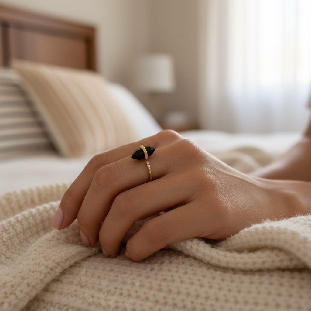 Obsidian Crystal Point Ring — Adjustable Gold Ring for Protection & Strength