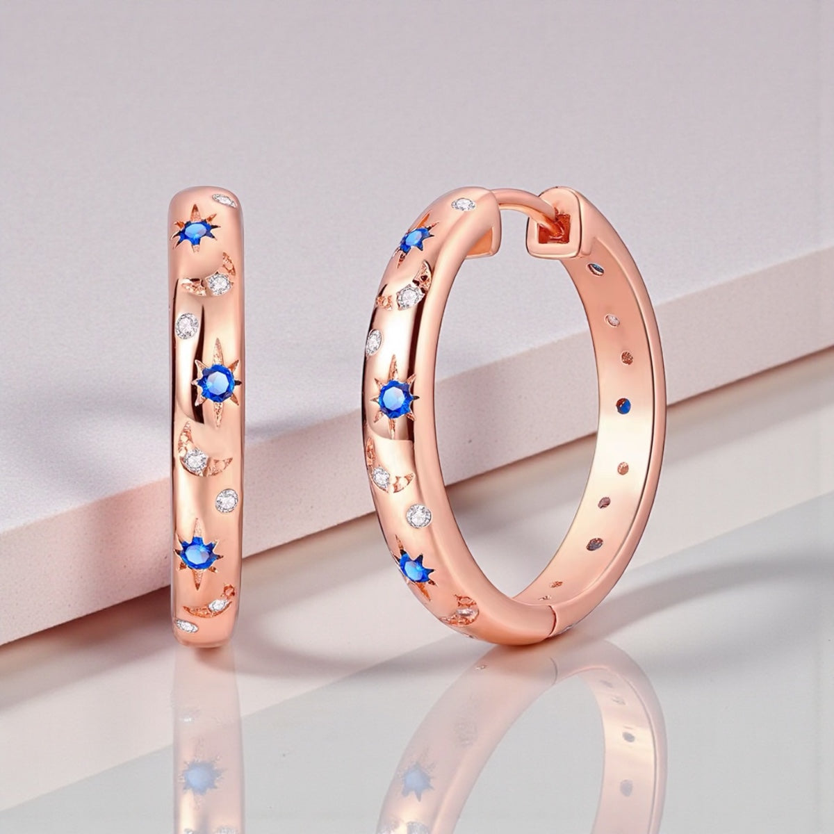 Rose Gold Blue Star Huggie Hoop Earrings | Celestial Starburst Hoops | Dainty Minimalistic Star Jewelry