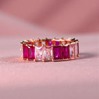 Baguette Eternity Ring — Full Eternity Band with Pink Ruby CZ • Emerald Cut Stacking Ring • Dainty Anniversary Gift for Girlfriend or Sister
