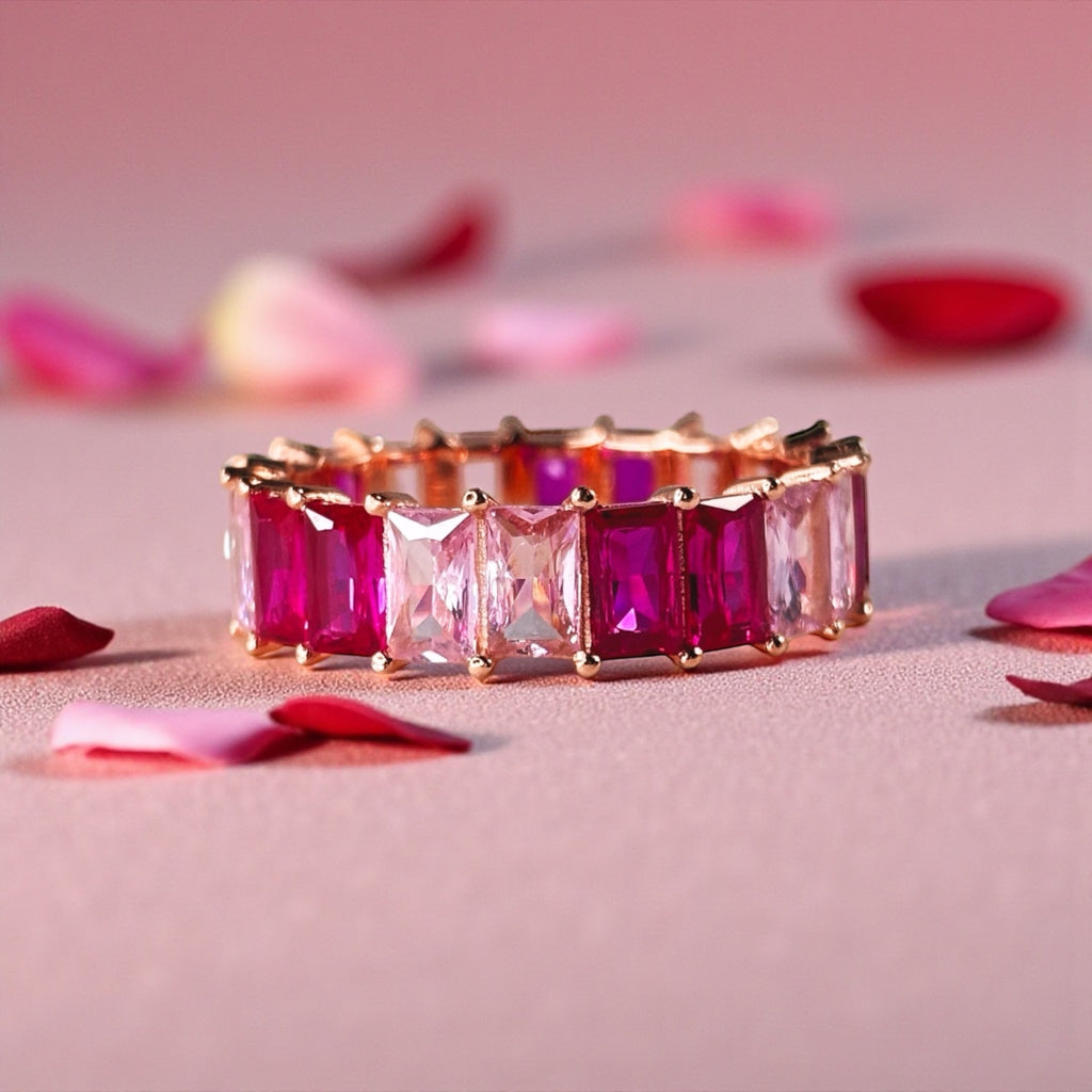 Baguette Eternity Ring — Full Eternity Band with Pink Ruby CZ • Emerald Cut Stacking Ring • Dainty Anniversary Gift for Girlfriend or Sister