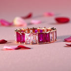 Baguette Eternity Ring — Full Eternity Band with Pink Ruby CZ • Emerald Cut Stacking Ring • Dainty Anniversary Gift for Girlfriend or Sister