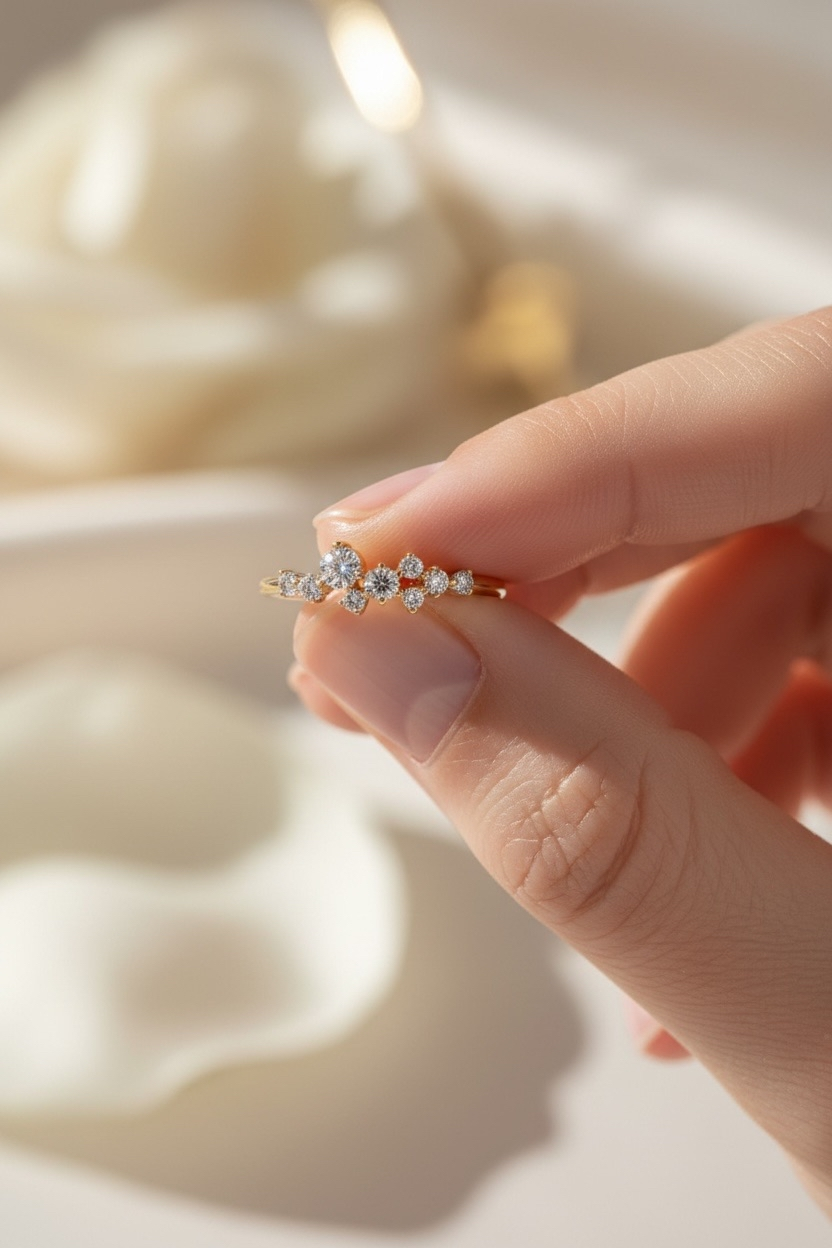 Cluster Ring – Scatter Diamond Band, Thin Moissanite Engagement Ring, Dainty Stacking Promise Jewelry