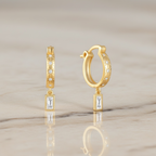 Starburst Huggie Hoops with Baguette Drop • Gold & Silver 925 • Hypoallergenic CZ Earrings