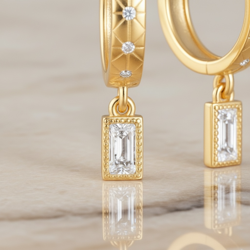 Starburst Huggie Hoops with Baguette Drop • Gold & Silver 925 • Hypoallergenic CZ Earrings