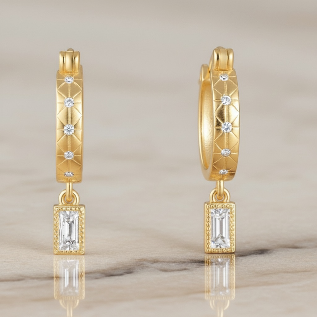 Starburst Huggie Hoops with Baguette Drop • Gold & Silver 925 • Hypoallergenic CZ Earrings