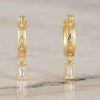 Starburst Huggie Hoops with Baguette Drop • Gold & Silver 925 • Hypoallergenic CZ Earrings