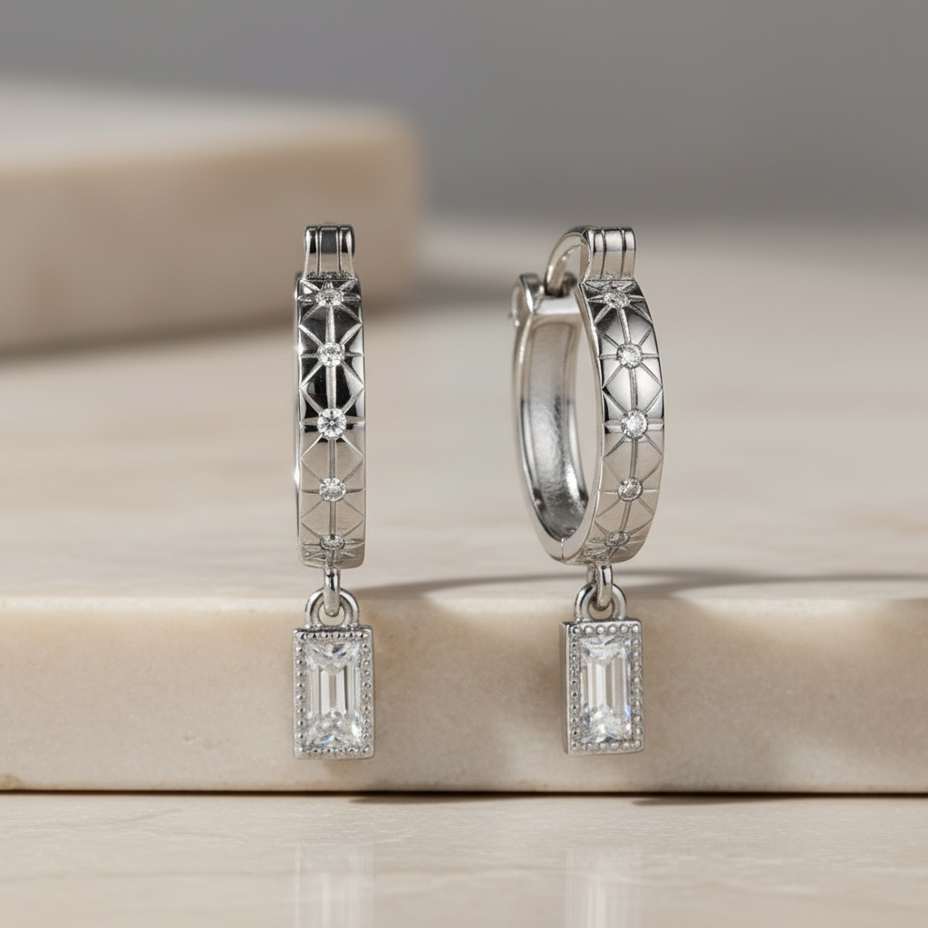 Starburst Huggie Hoops with Baguette Drop • Gold & Silver 925 • Hypoallergenic CZ Earrings