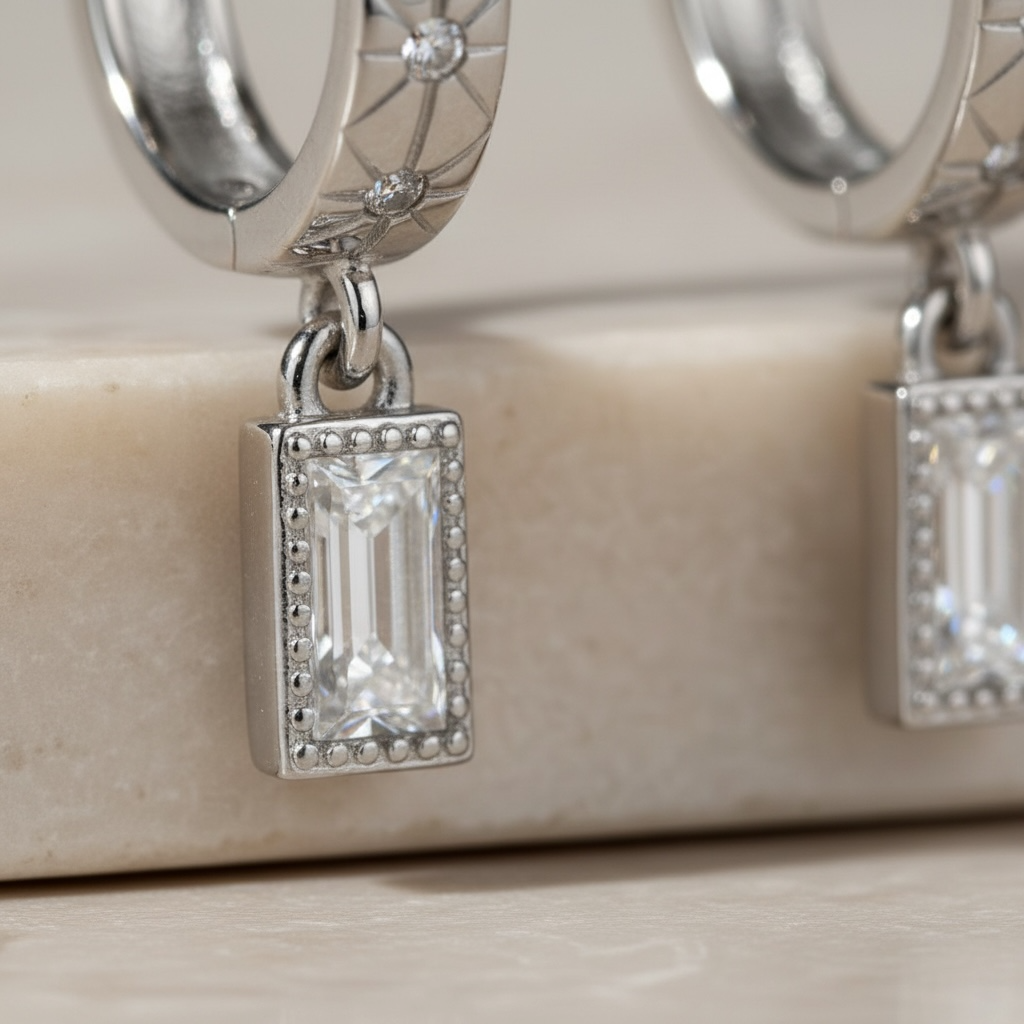 Starburst Huggie Hoops with Baguette Drop • Gold & Silver 925 • Hypoallergenic CZ Earrings