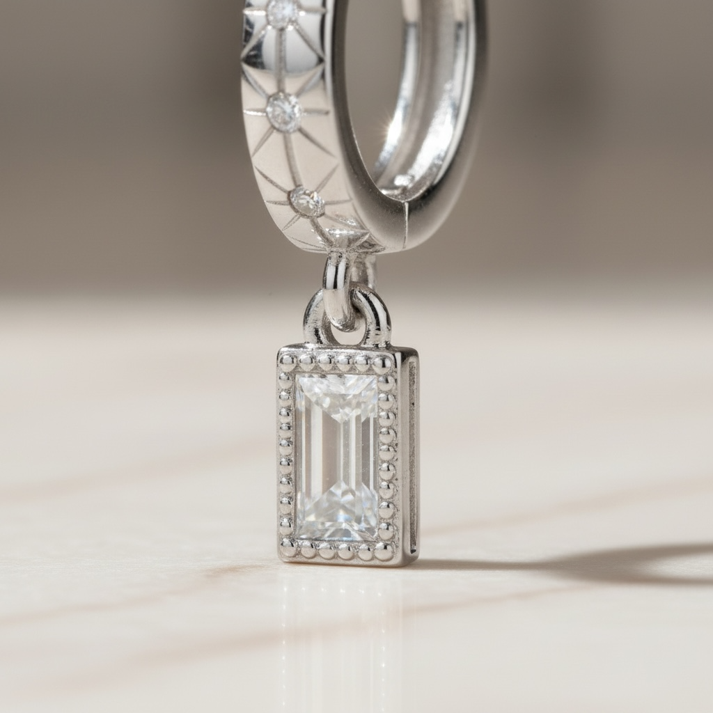 Starburst Huggie Hoops with Baguette Drop • Gold & Silver 925 • Hypoallergenic CZ Earrings