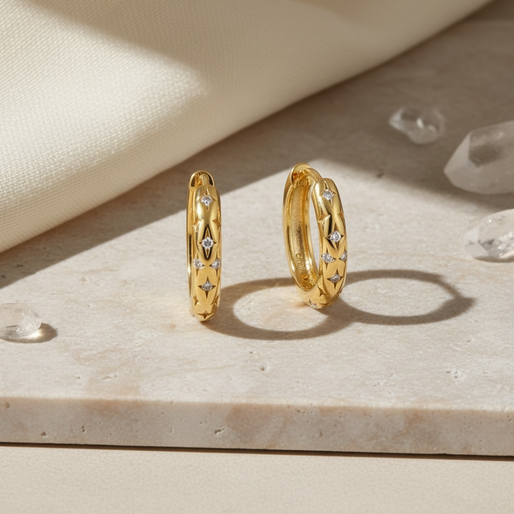 Tiny Star Huggies | Gold Star Huggie Hoop Earrings with CZ | Dainty Celestial Everyday Hoops