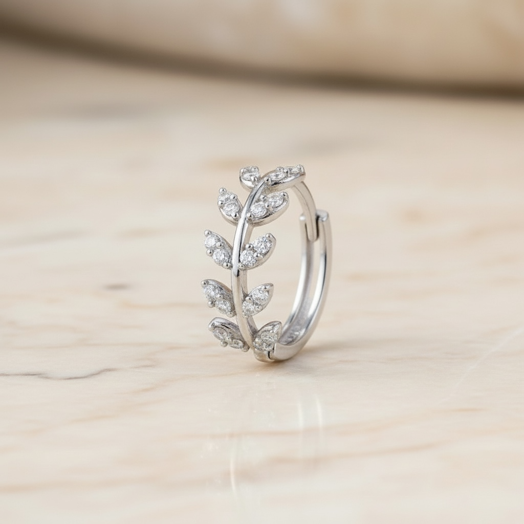 Silver Leaf Huggie Earrings | CZ Leaf Hoop Earrings in Sterling Silver | Dainty Nature-Inspired Jewelry