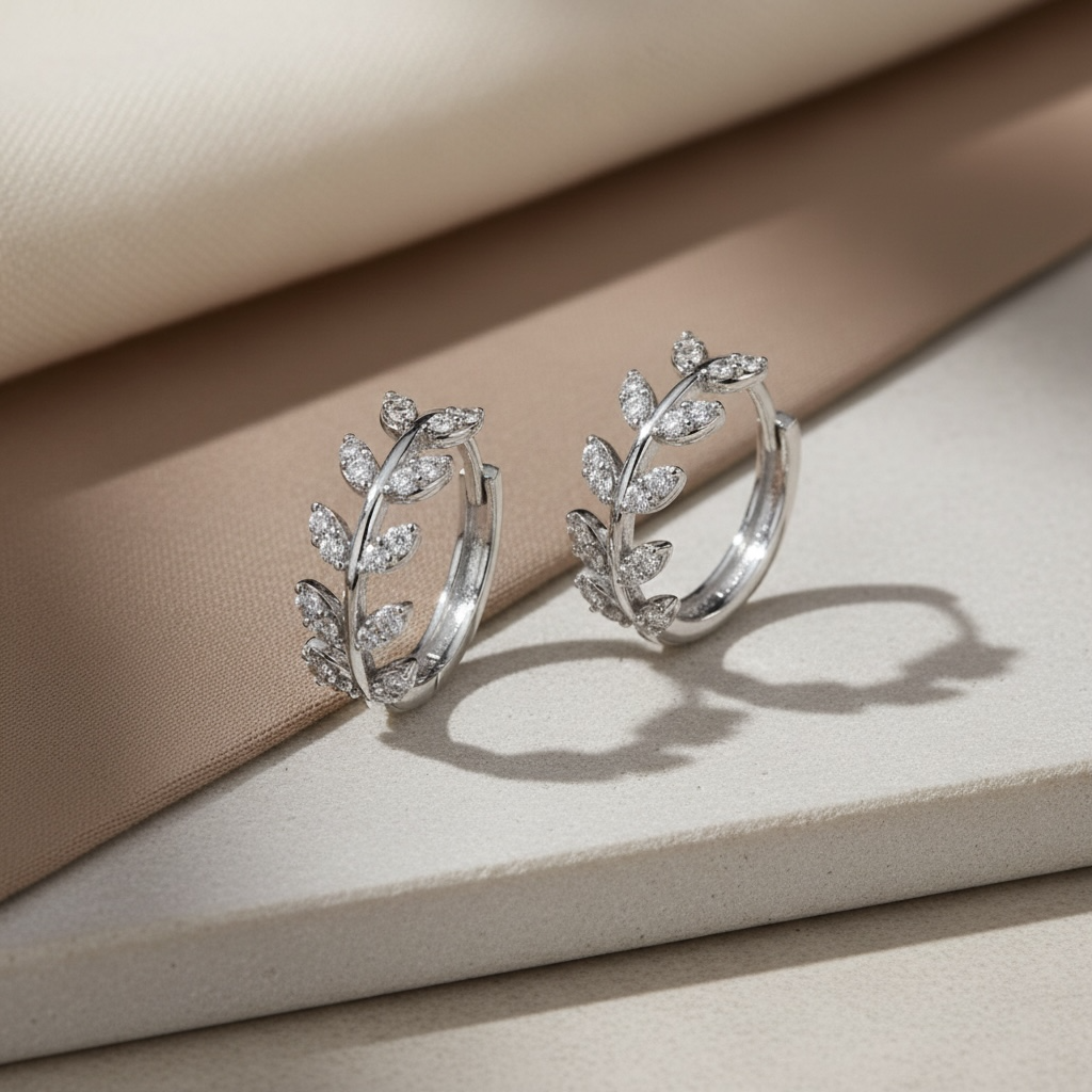 Silver Leaf Huggie Earrings | CZ Leaf Hoop Earrings in Sterling Silver | Dainty Nature-Inspired Jewelry