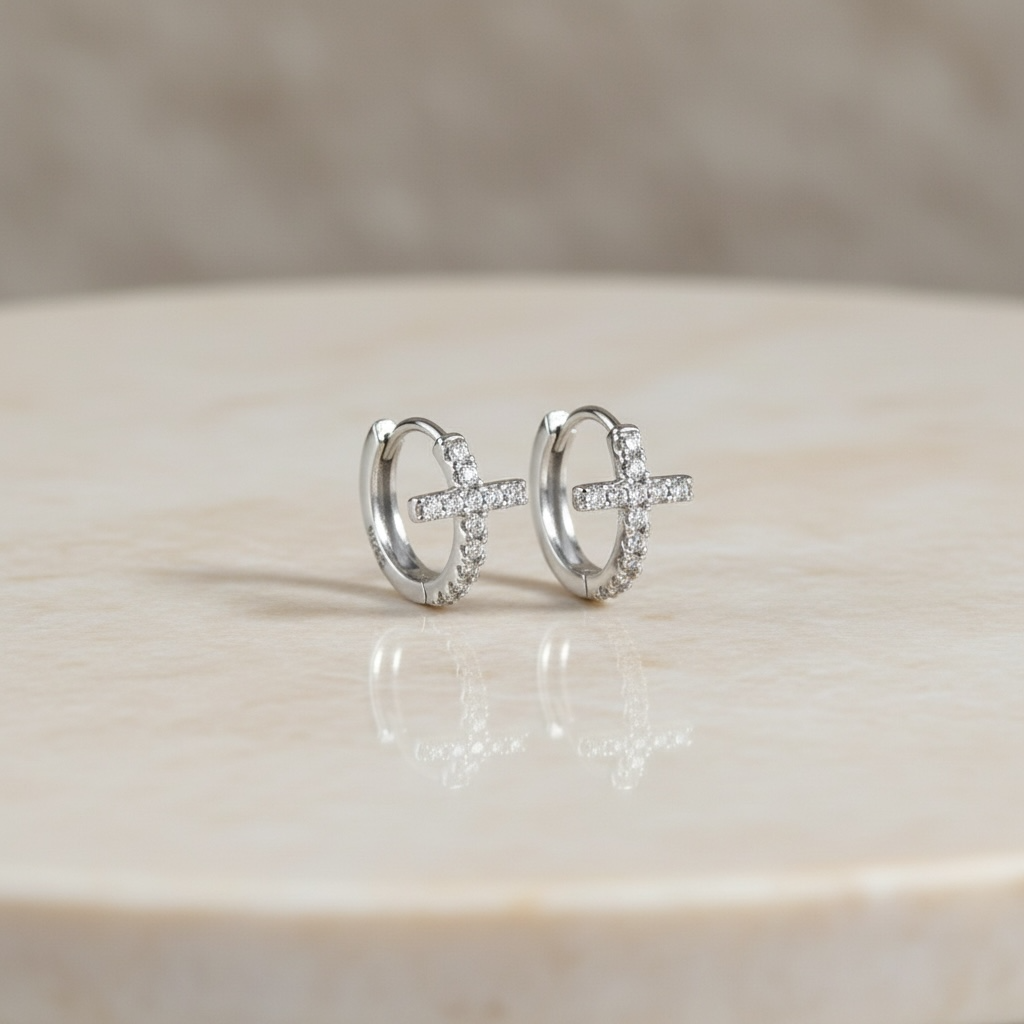 Diamond Cross Huggie Hoop Earrings • Gold or Silver • Small Hypoallergenic Hoops • Tiny CZ Earrings for Women