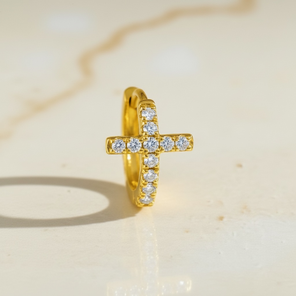 Diamond Cross Huggie Hoop Earrings • Gold or Silver • Small Hypoallergenic Hoops • Tiny CZ Earrings for Women