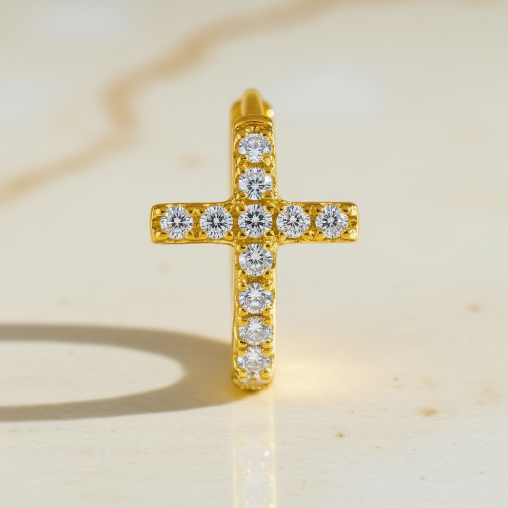 Diamond Cross Huggie Hoop Earrings • Gold or Silver • Small Hypoallergenic Hoops • Tiny CZ Earrings for Women