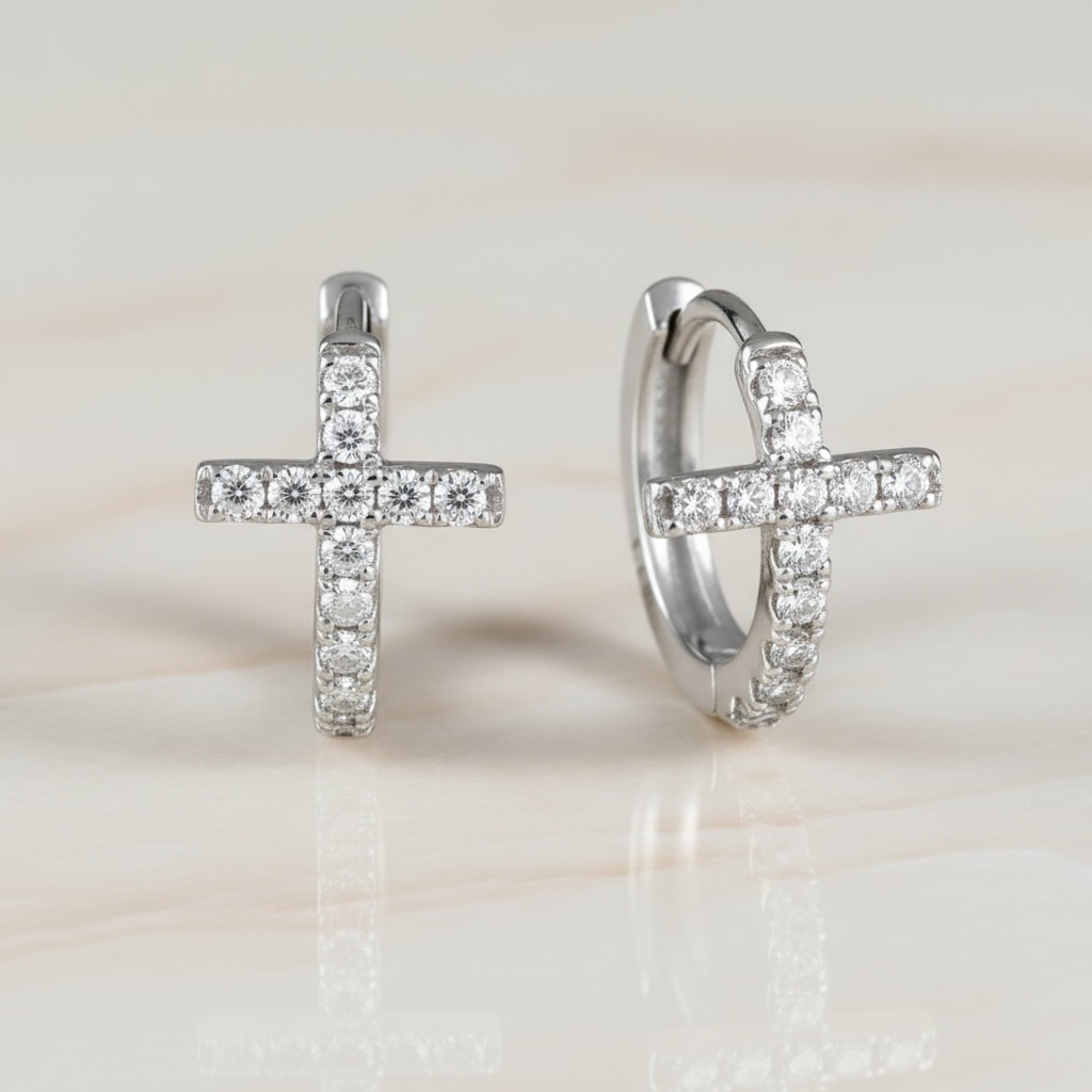 Diamond Cross Huggie Hoop Earrings • Gold or Silver • Small Hypoallergenic Hoops • Tiny CZ Earrings for Women