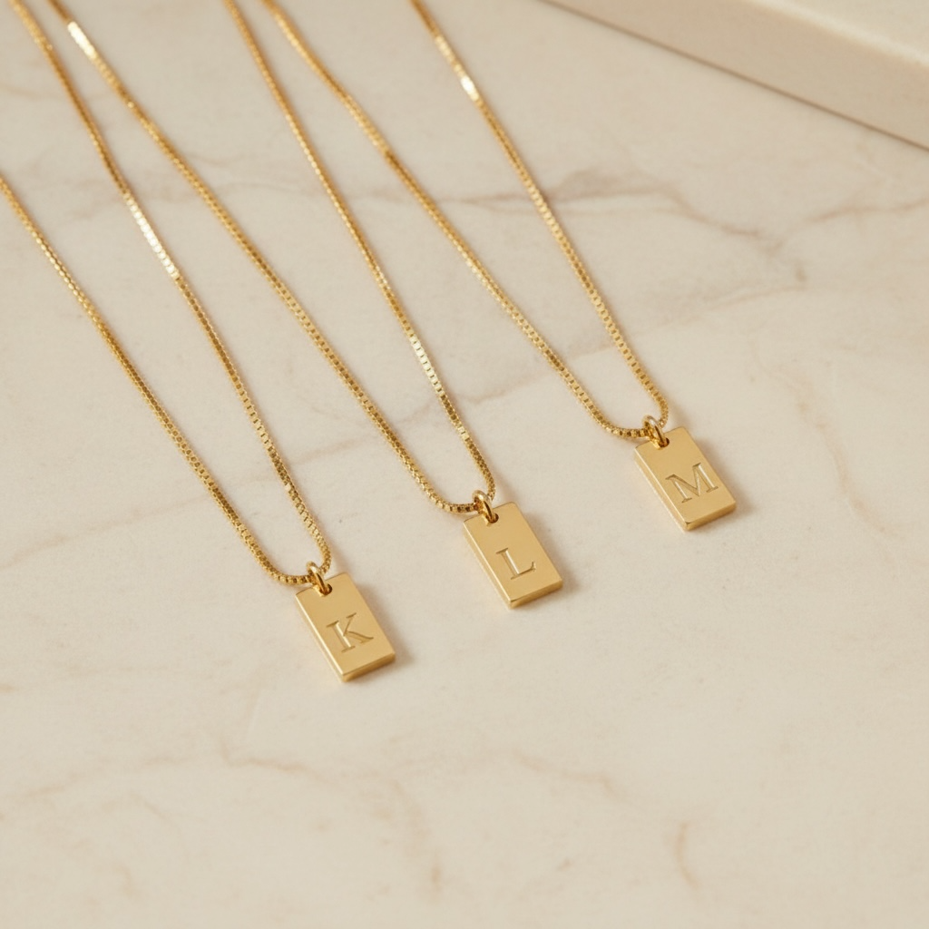 Initial Tag Necklace | Gold Engraved Letter Necklace | Dainty Initial Bar Necklace | Personalized Minimalist Jewelry Gift