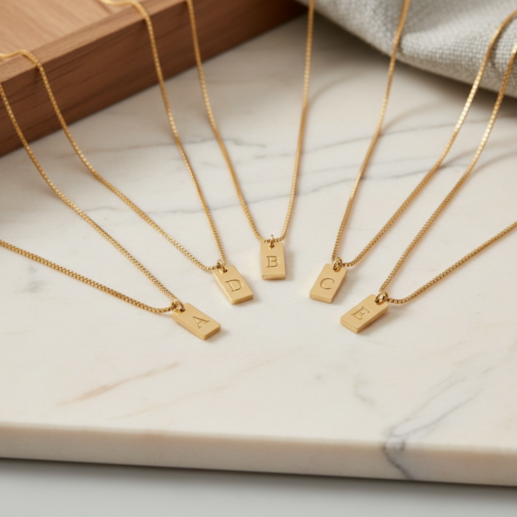 Initial Tag Necklace | Gold Engraved Letter Necklace | Dainty Initial Bar Necklace | Personalized Minimalist Jewelry Gift