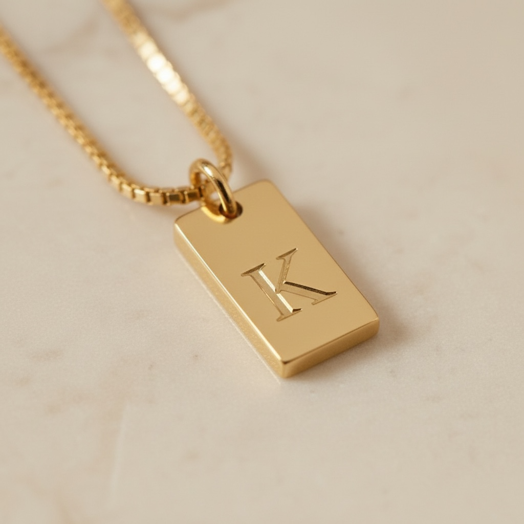 Initial Tag Necklace | Gold Engraved Letter Necklace | Dainty Initial Bar Necklace | Personalized Minimalist Jewelry Gift