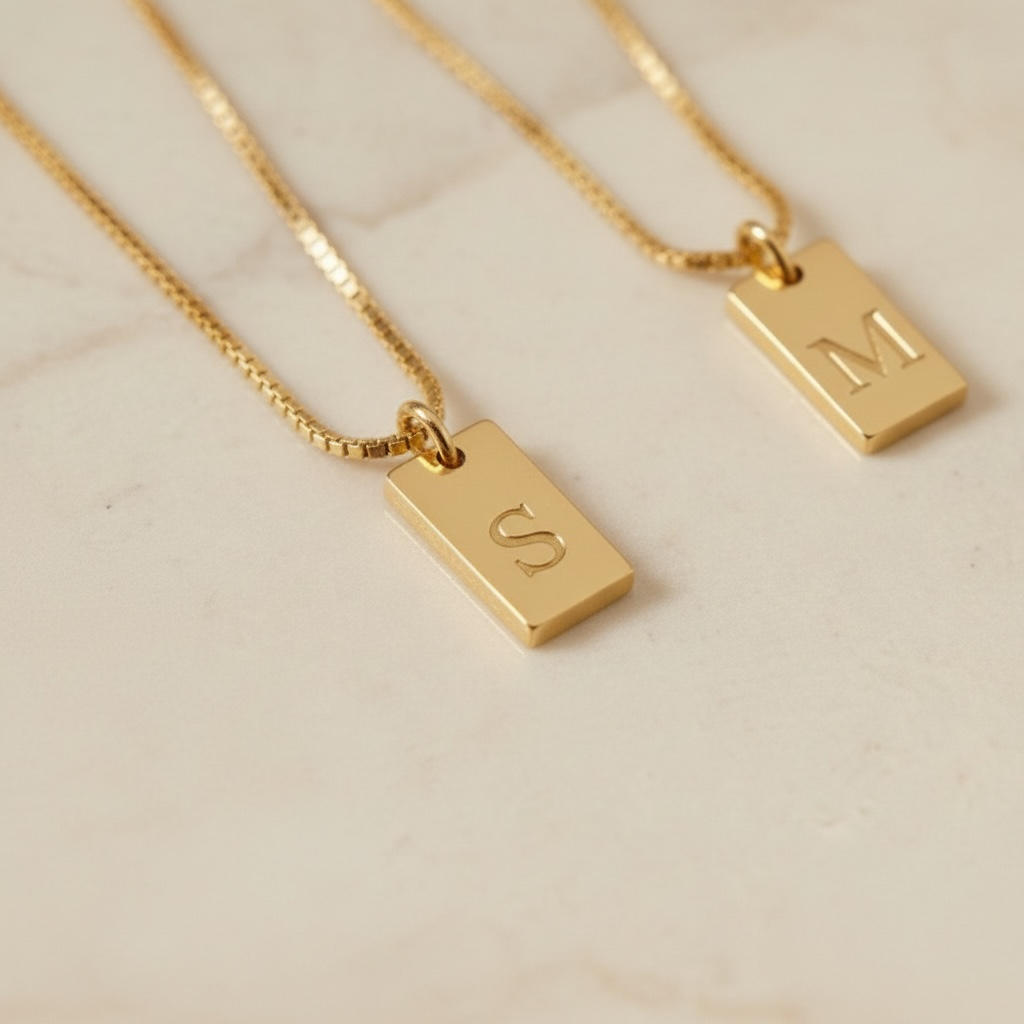 Initial Tag Necklace | Gold Engraved Letter Necklace | Dainty Initial Bar Necklace | Personalized Minimalist Jewelry Gift