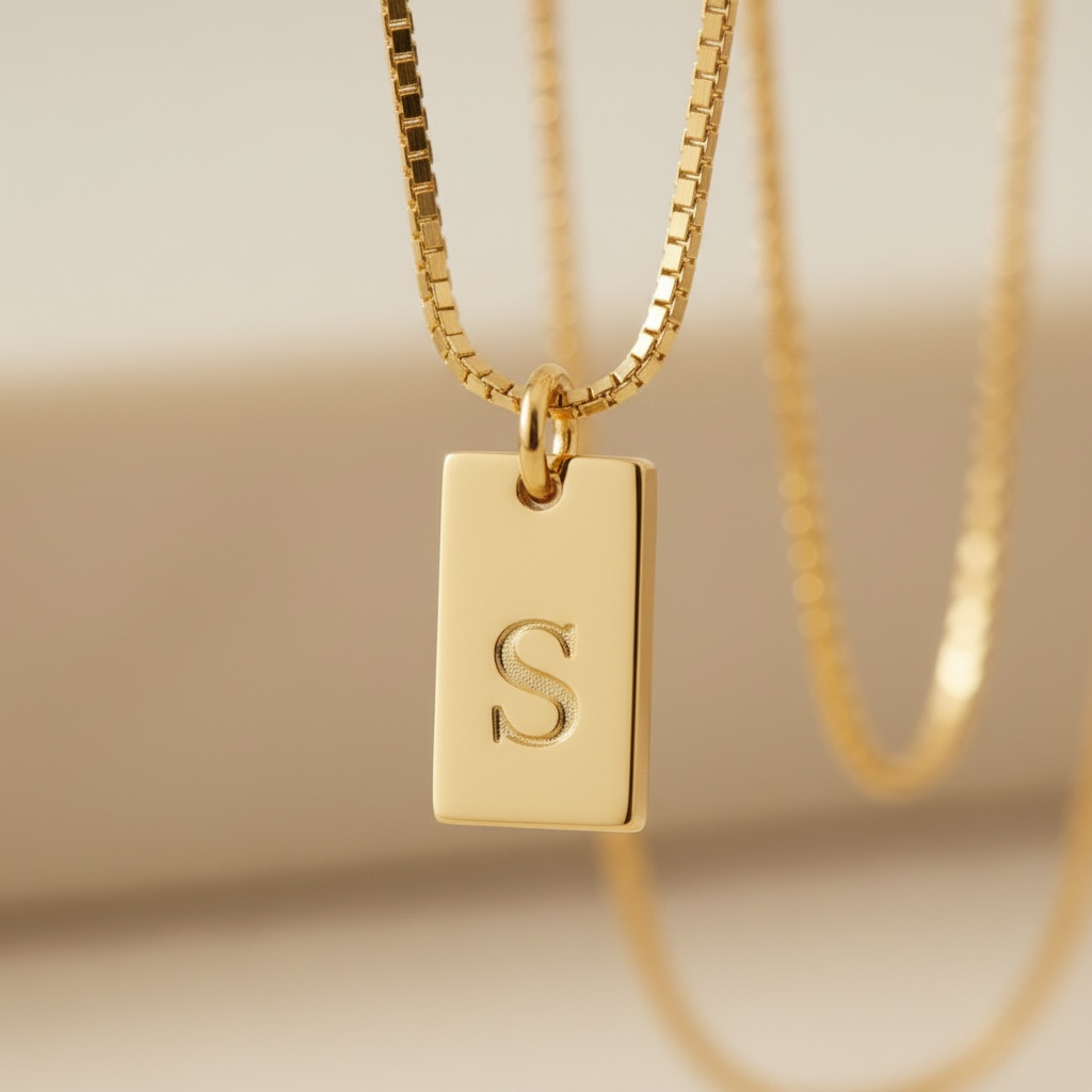 Initial Tag Necklace | Gold Engraved Letter Necklace | Dainty Initial Bar Necklace | Personalized Minimalist Jewelry Gift