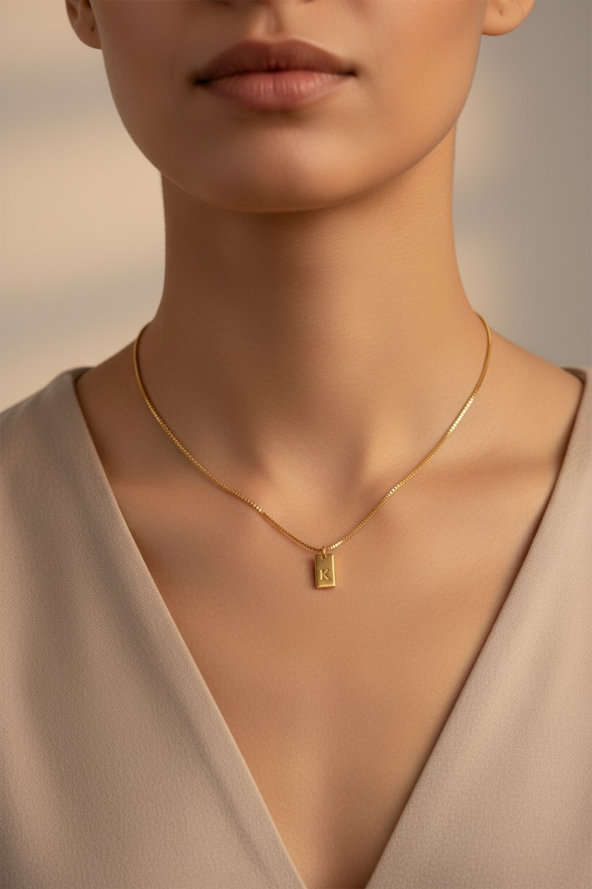 Initial Tag Necklace | Gold Engraved Letter Necklace | Dainty Initial Bar Necklace | Personalized Minimalist Jewelry Gift
