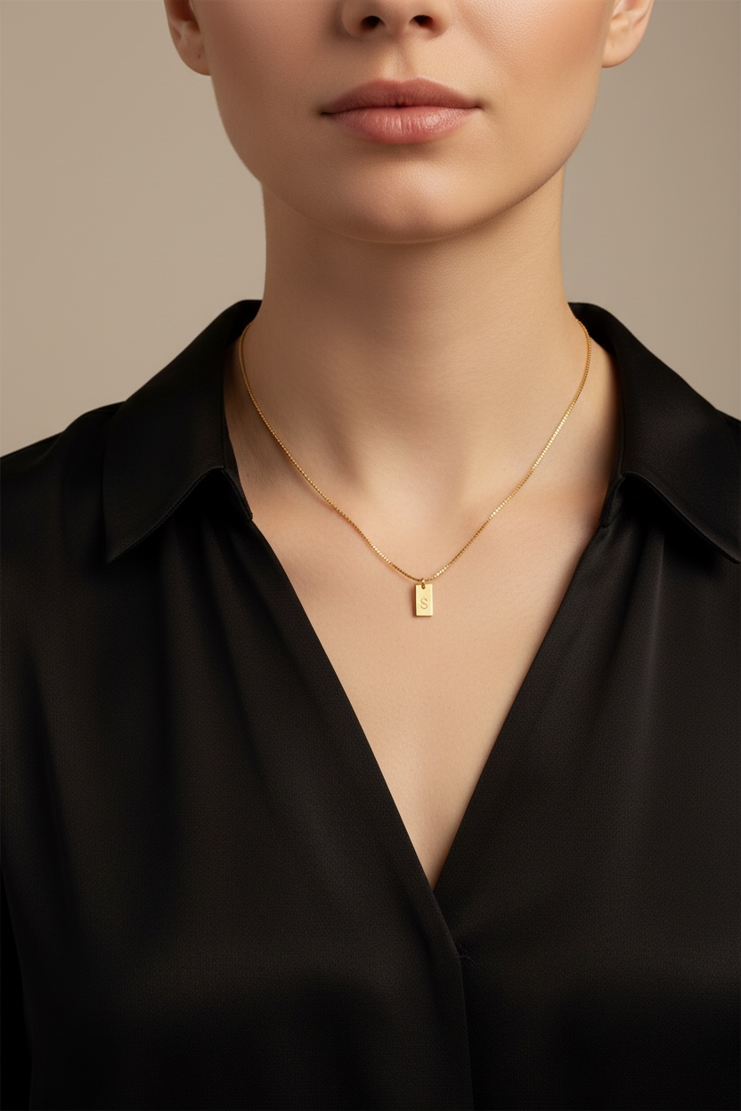 Initial Tag Necklace | Gold Engraved Letter Necklace | Dainty Initial Bar Necklace | Personalized Minimalist Jewelry Gift
