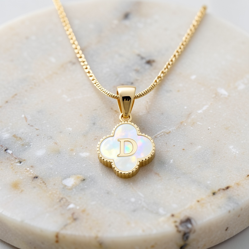 Clover Initial Necklace | Mother of Pearl Letter Necklace in 14K Gold | Waterproof Initial Pendant | Minimalist Personalized Jewelry