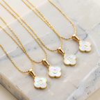 Clover Initial Necklace | Mother of Pearl Letter Necklace in 14K Gold | Waterproof Initial Pendant | Minimalist Personalized Jewelry
