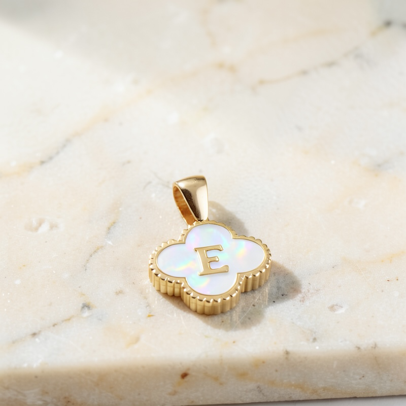 Clover Initial Necklace | Mother of Pearl Letter Necklace in 14K Gold | Waterproof Initial Pendant | Minimalist Personalized Jewelry