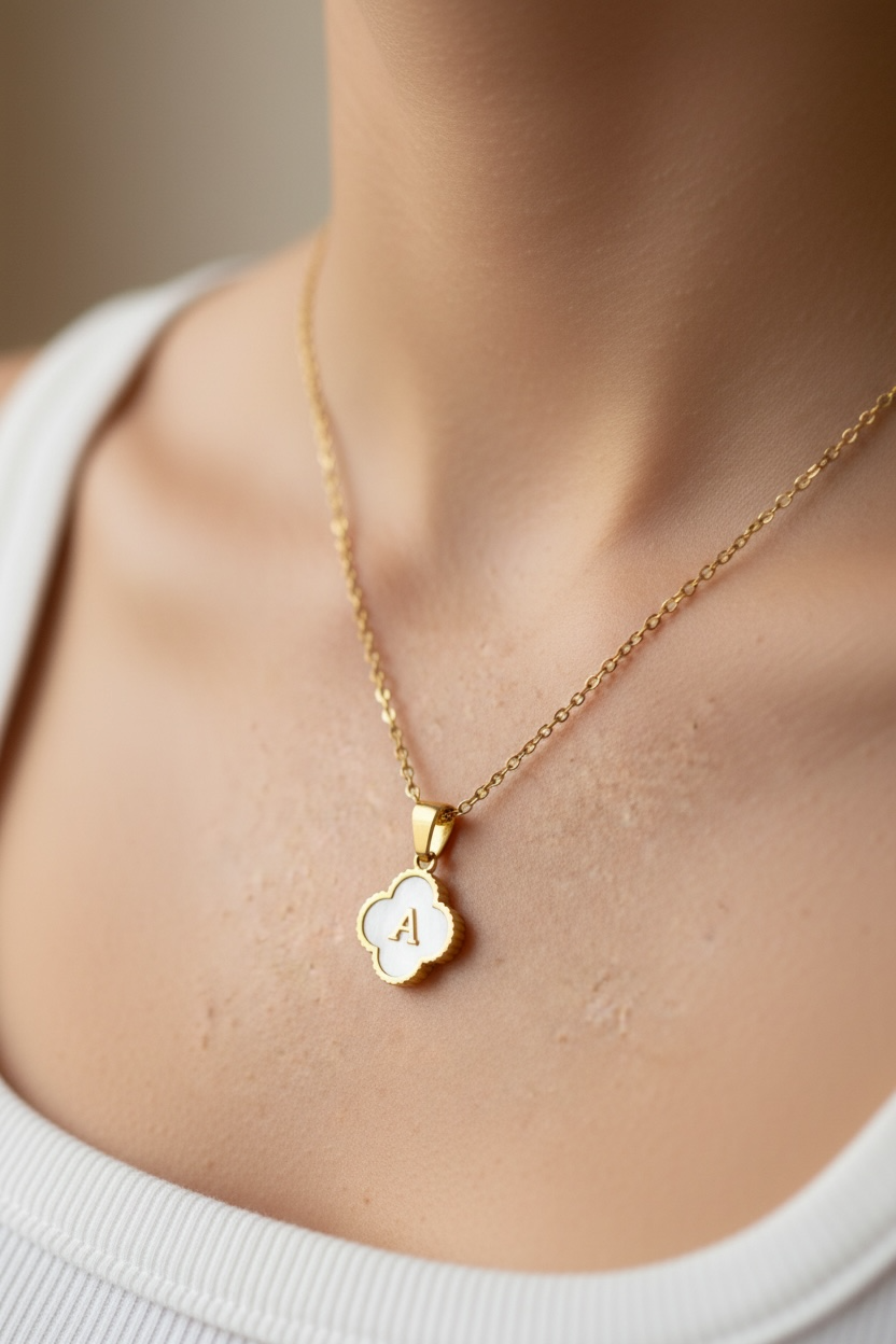Clover Initial Necklace | Mother of Pearl Letter Necklace in 14K Gold | Waterproof Initial Pendant | Minimalist Personalized Jewelry