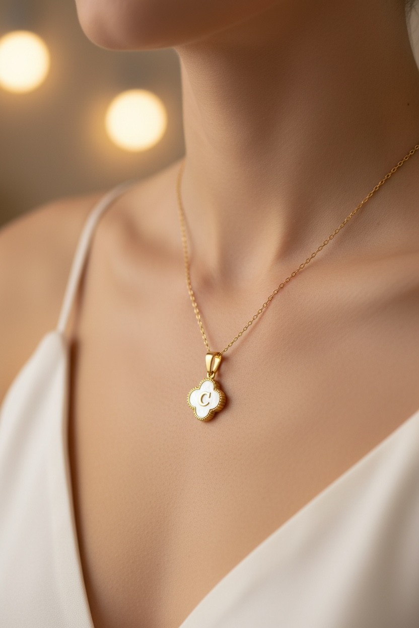 Clover Initial Necklace | Mother of Pearl Letter Necklace in 14K Gold | Waterproof Initial Pendant | Minimalist Personalized Jewelry