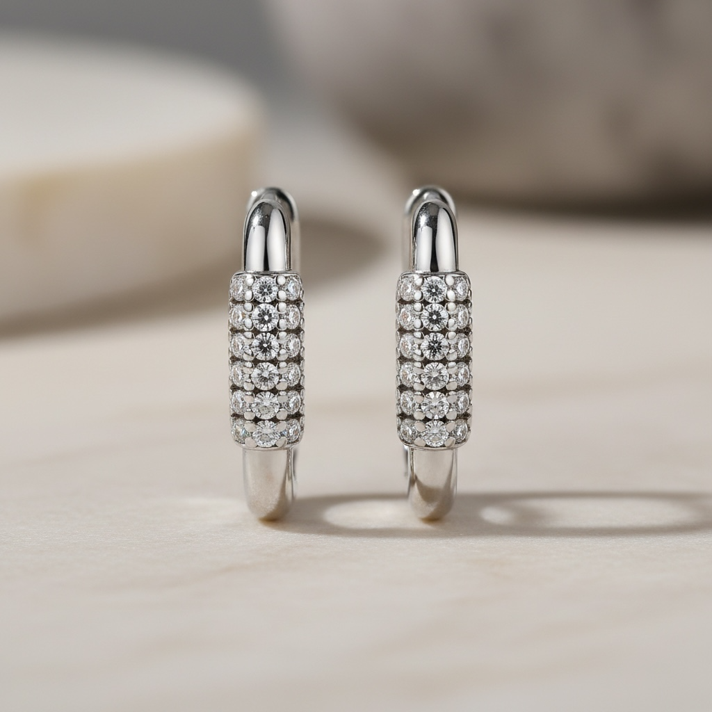 Diamond Huggie Hoop Earrings | Pavé CZ U-Shape Silver Hoops in Sterling Silver | U Link Huggies | Dainty Everyday Earrings