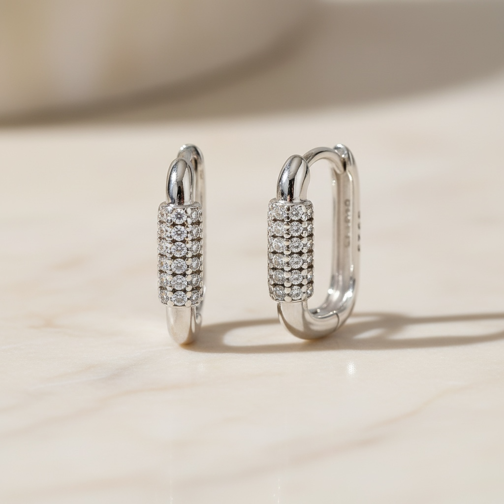Diamond Huggie Hoop Earrings | Pavé CZ U-Shape Silver Hoops in Sterling Silver | U Link Huggies | Dainty Everyday Earrings