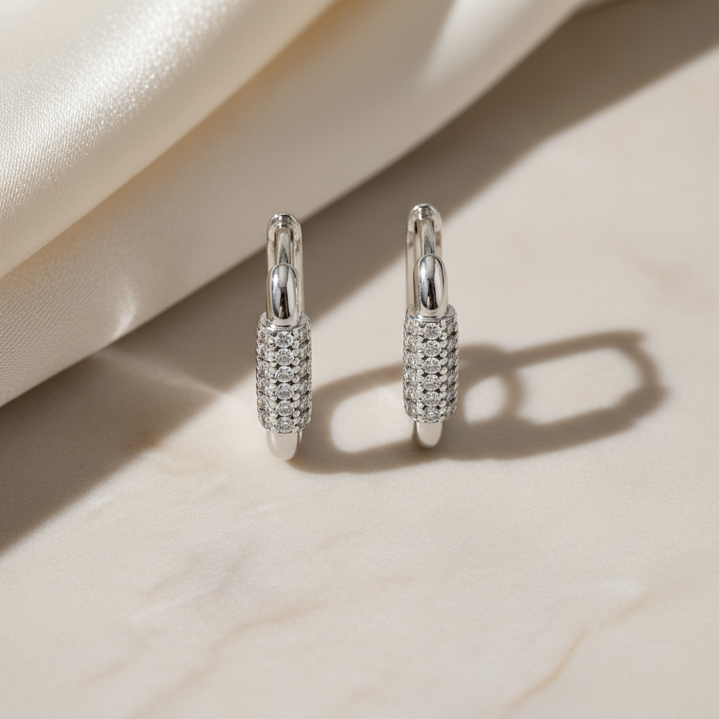 Diamond Huggie Hoop Earrings | Pavé CZ U-Shape Silver Hoops in Sterling Silver | U Link Huggies | Dainty Everyday Earrings