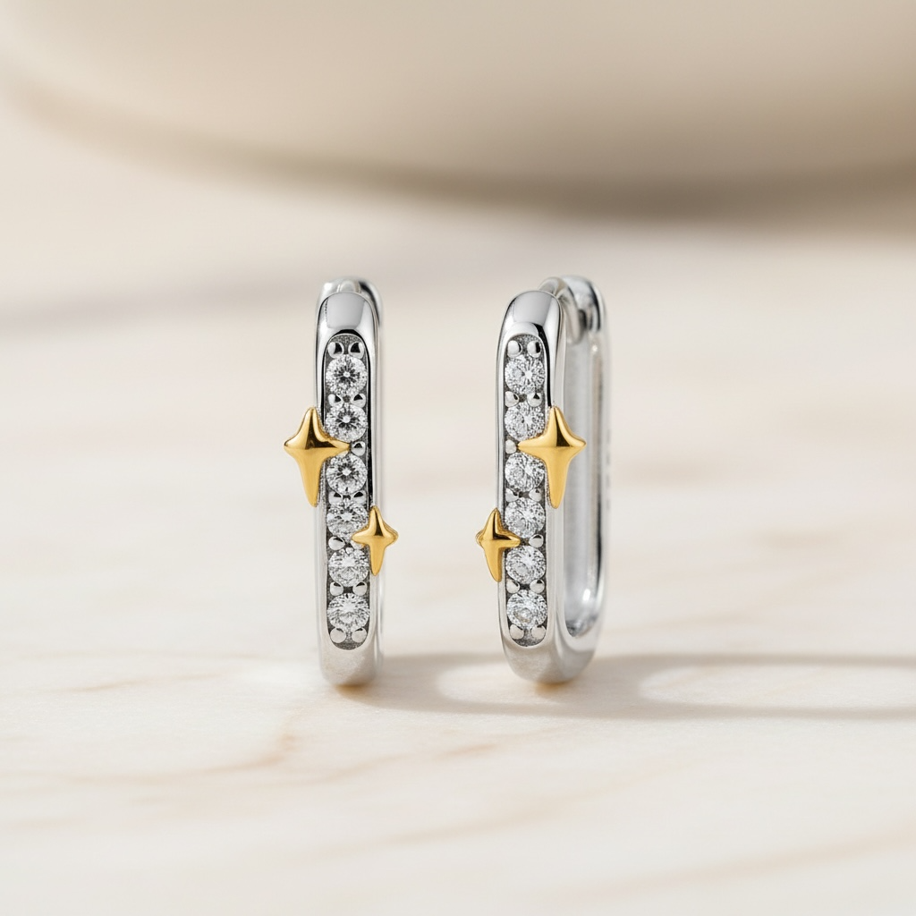 Star Pavé Diamond Huggie Earrings | Mixed Metal U-Shaped CZ Hoops in Sterling Silver | Star Accent Huggies | Dainty Everyday Earrings