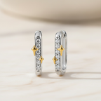 Star Pavé Diamond Huggie Earrings | Mixed Metal U-Shaped CZ Hoops in Sterling Silver | Star Accent Huggies | Dainty Everyday Earrings