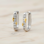 Star Pavé Diamond Huggie Earrings | Mixed Metal U-Shaped CZ Hoops in Sterling Silver | Star Accent Huggies | Dainty Everyday Earrings