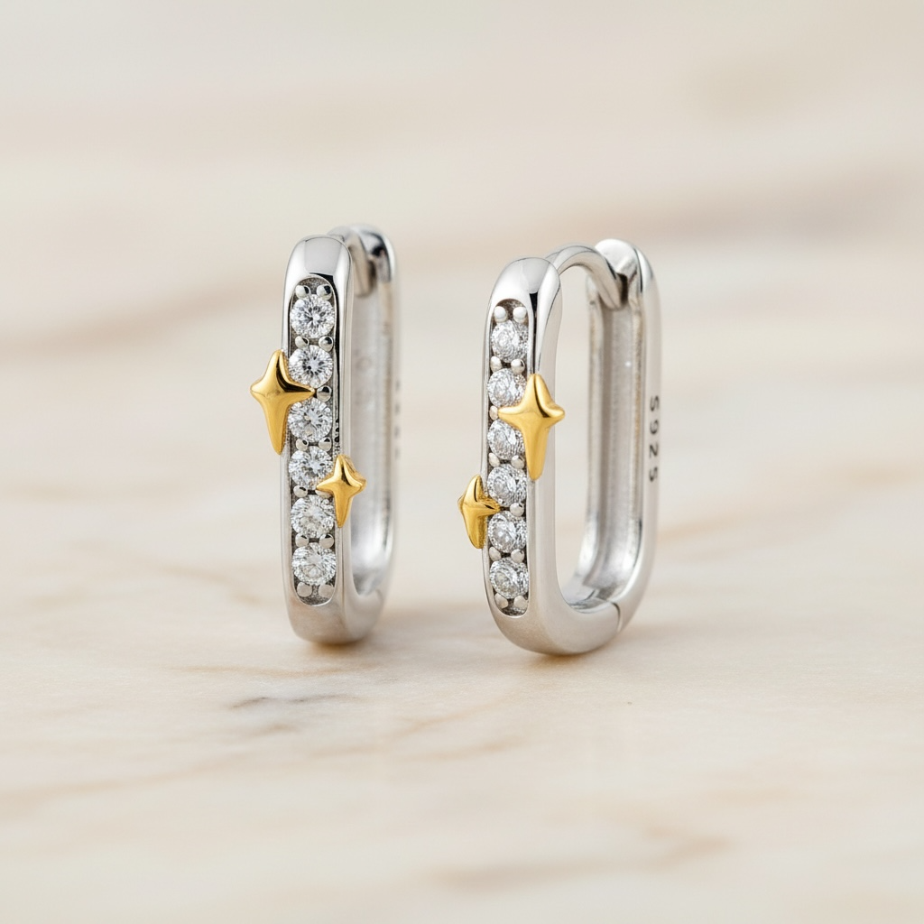 Star Pavé Diamond Huggie Earrings | Mixed Metal U-Shaped CZ Hoops in Sterling Silver | Star Accent Huggies | Dainty Everyday Earrings