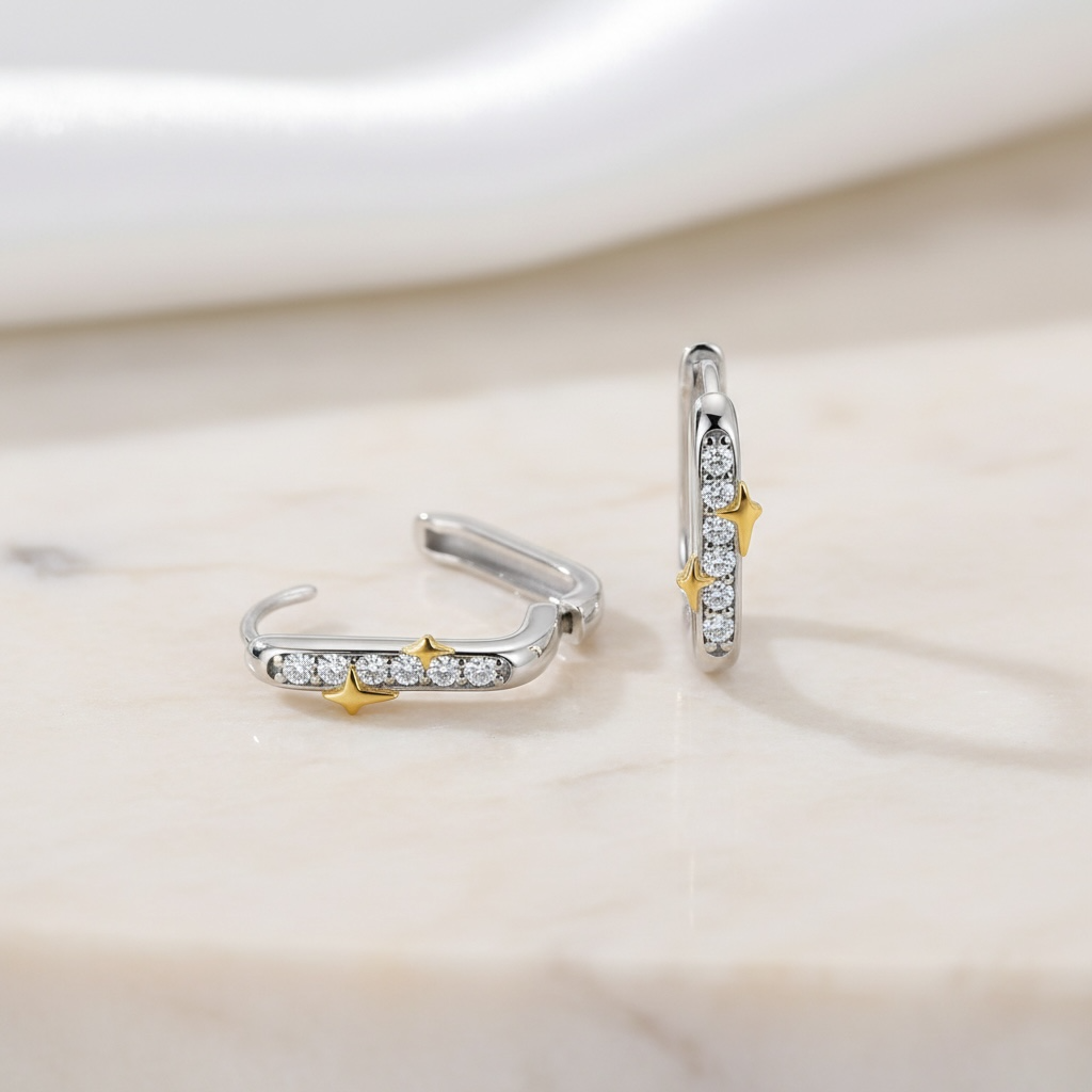 Star Pavé Diamond Huggie Earrings | Mixed Metal U-Shaped CZ Hoops in Sterling Silver | Star Accent Huggies | Dainty Everyday Earrings