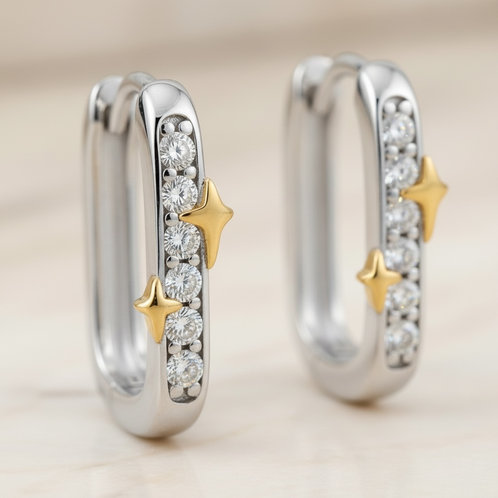 Star Pavé Diamond Huggie Earrings | Mixed Metal U-Shaped CZ Hoops in Sterling Silver | Star Accent Huggies | Dainty Everyday Earrings