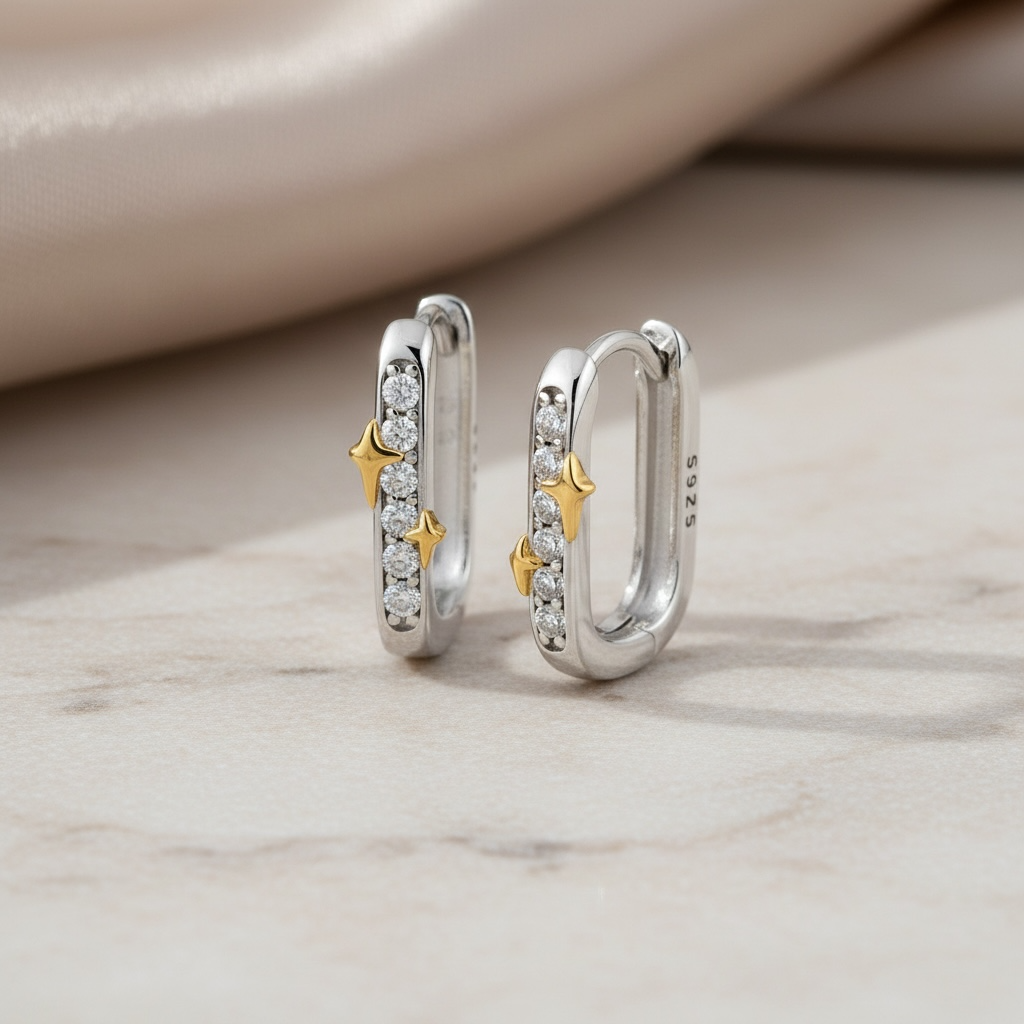 Star Pavé Diamond Huggie Earrings | Mixed Metal U-Shaped CZ Hoops in Sterling Silver | Star Accent Huggies | Dainty Everyday Earrings