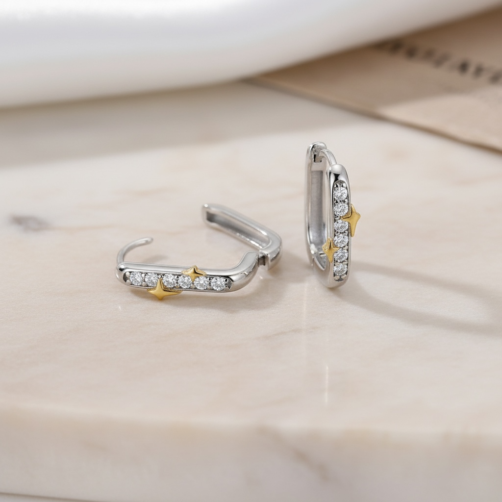 Star Pavé Diamond Huggie Earrings | Mixed Metal U-Shaped CZ Hoops in Sterling Silver | Star Accent Huggies | Dainty Everyday Earrings
