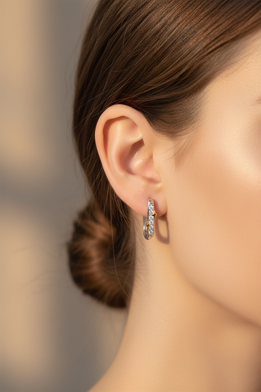 Star Pavé Diamond Huggie Earrings | Mixed Metal U-Shaped CZ Hoops in Sterling Silver | Star Accent Huggies | Dainty Everyday Earrings