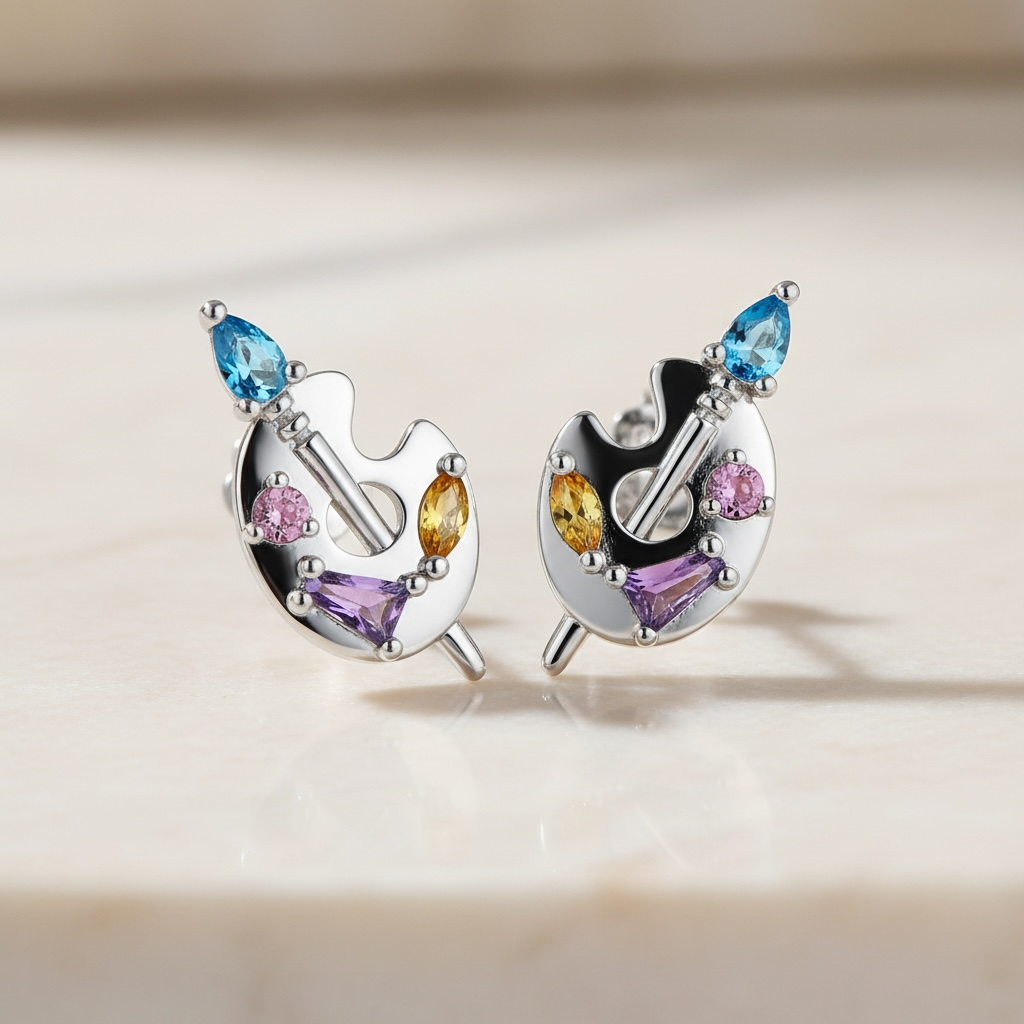 Painter’s Palette Earrings | Sterling Silver CZ Stud Earrings | Painting Earrings | Artist Jewelry Gift | Creative Gift for Art Lovers