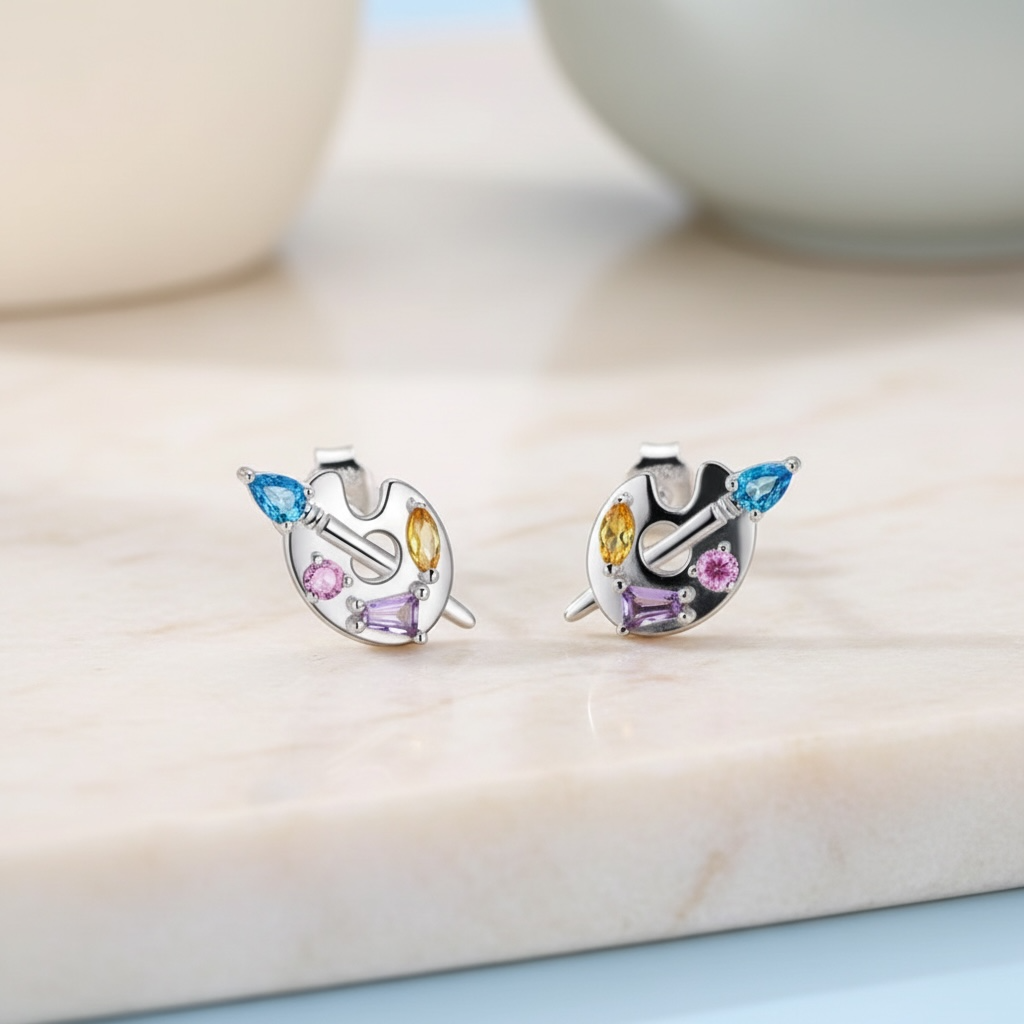 Painter’s Palette Earrings | Sterling Silver CZ Stud Earrings | Painting Earrings | Artist Jewelry Gift | Creative Gift for Art Lovers