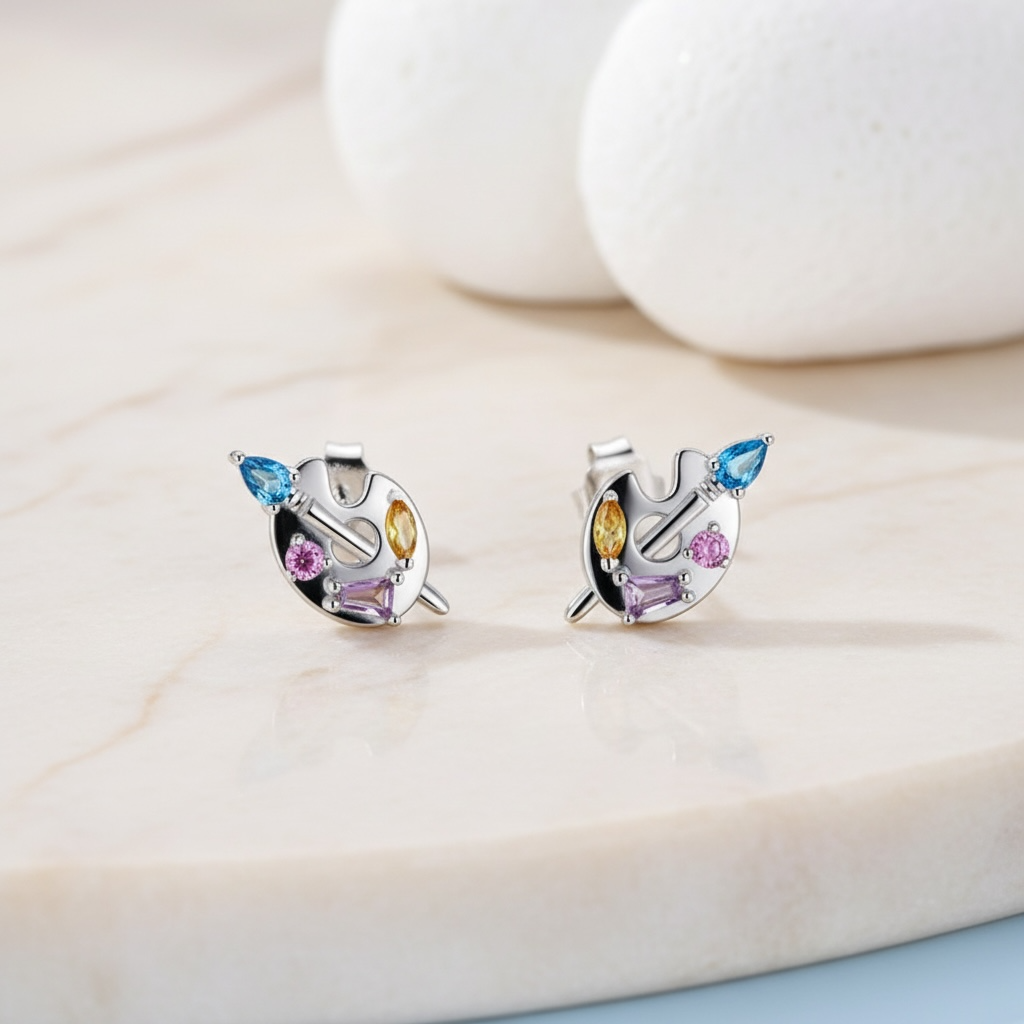 Painter’s Palette Earrings | Sterling Silver CZ Stud Earrings | Painting Earrings | Artist Jewelry Gift | Creative Gift for Art Lovers