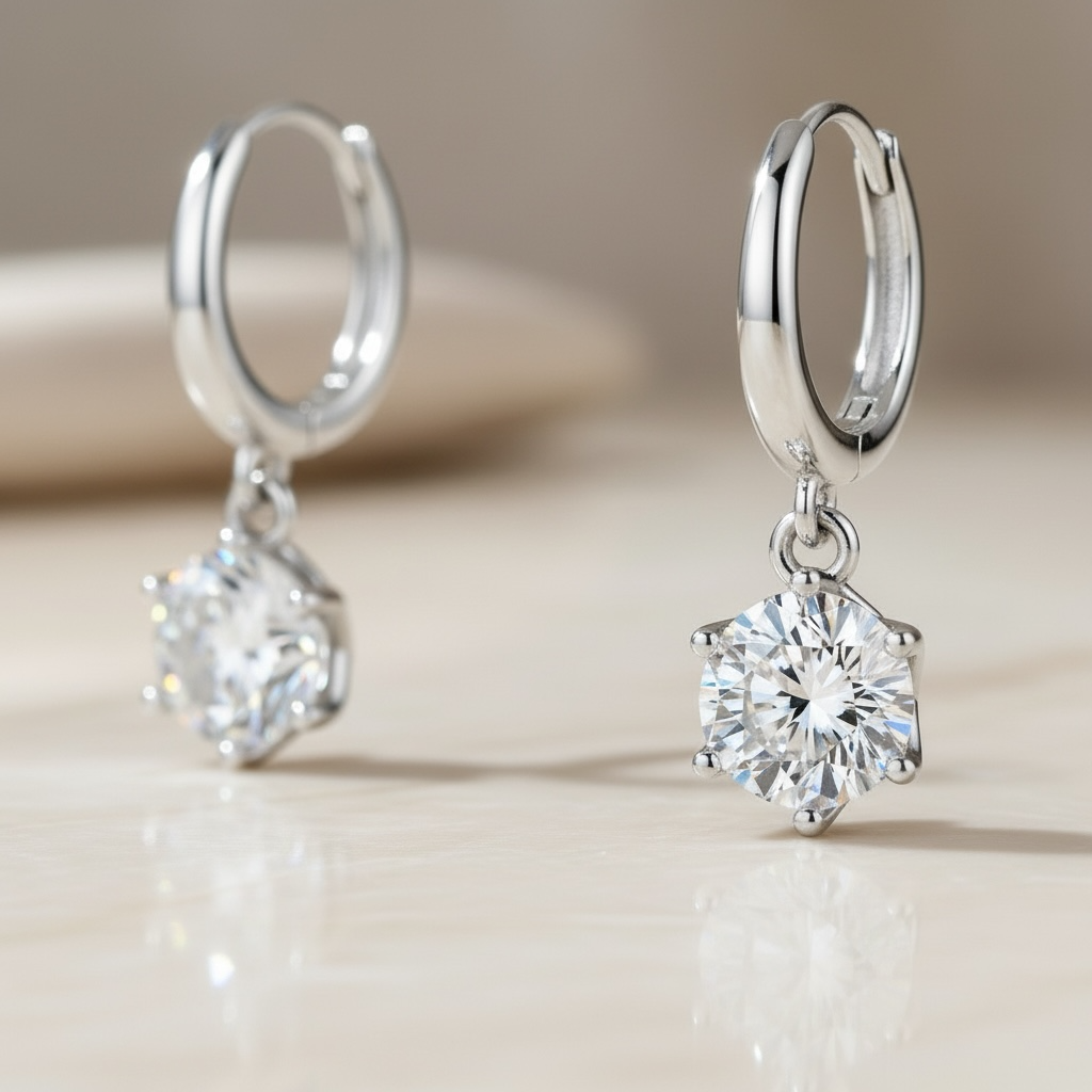 Moissanite Dangle Hoop Earrings | 925 Sterling Silver Diamond Drop Huggies | Small Silver Diamond Hoops | Everyday Sparkle Earrings