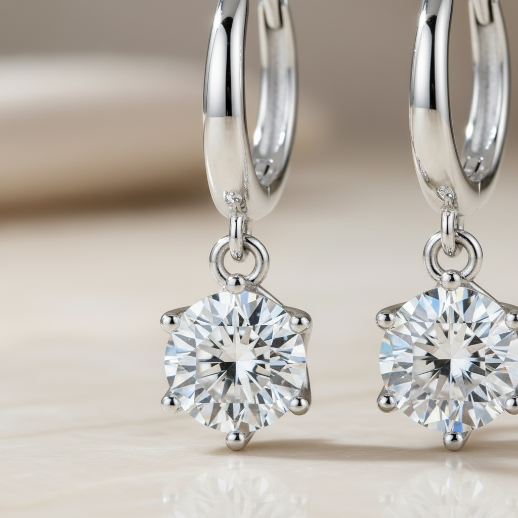 Moissanite Dangle Hoop Earrings | 925 Sterling Silver Diamond Drop Huggies | Small Silver Diamond Hoops | Everyday Sparkle Earrings