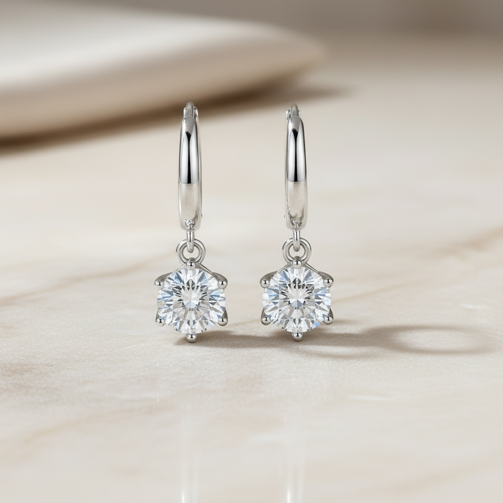 Moissanite Dangle Hoop Earrings | 925 Sterling Silver Diamond Drop Huggies | Small Silver Diamond Hoops | Everyday Sparkle Earrings